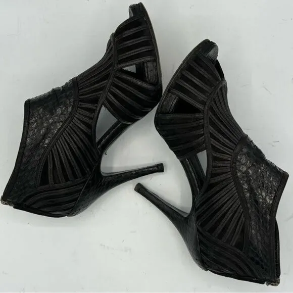 CHRISTIAN DIOR Black Leather Python Mules Peep Toe Booties Sandals EU 39 US 9