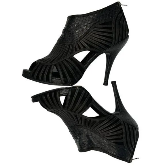 CHRISTIAN DIOR Black Leather Python Mules Peep Toe Booties Sandals EU 39 US 9