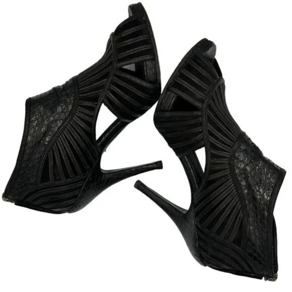CHRISTIAN DIOR Black Leather Python Mules Peep Toe Booties Sandals EU 39 US 9