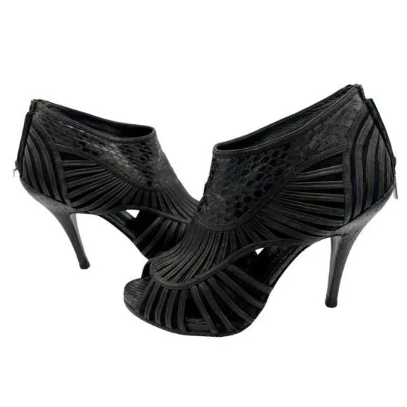 CHRISTIAN DIOR Black Leather Python Mules Peep Toe Booties Sandals EU 39 US 9