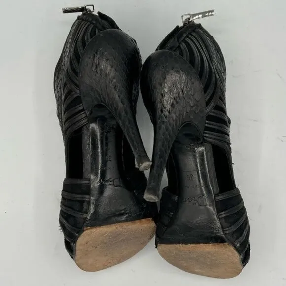CHRISTIAN DIOR Black Leather Python Mules Peep Toe Booties Sandals EU 39 US 9