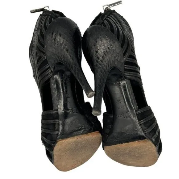 CHRISTIAN DIOR Black Leather Python Mules Peep Toe Booties Sandals EU 39 US 9