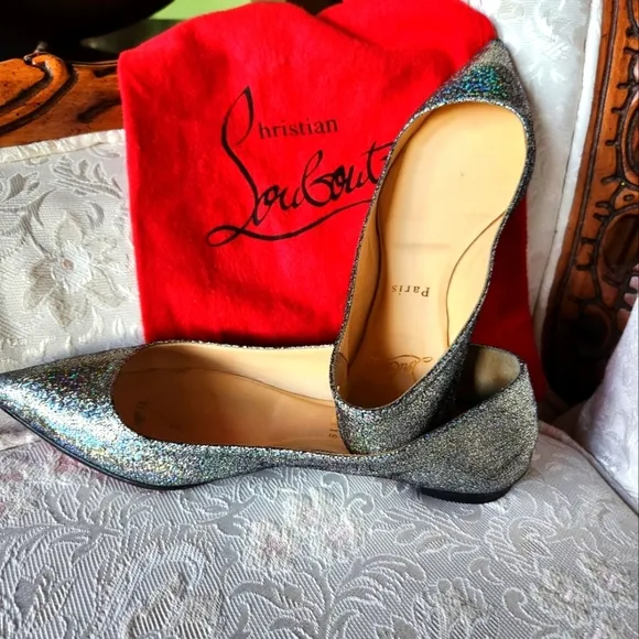 Christian Louboutin pointed toe flats - silver glitter (red bottoms)