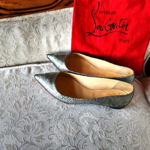 Christian Louboutin pointed toe flats - silver glitter (red bottoms)
