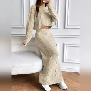 Chunky Knit Crew Neck Loose Short Sweater   Long Skirt