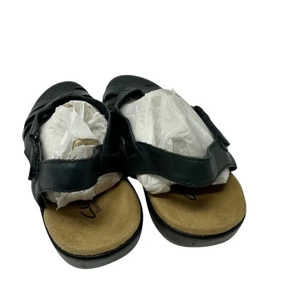 Clarks Bendables Navy Blue Leather Strappy Closed Toe Hook and Loop Sandals 9