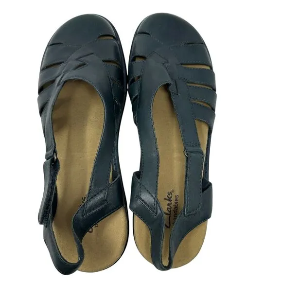 Clarks Bendables Navy Blue Leather Strappy Closed Toe Hook and Loop Sandals 9
