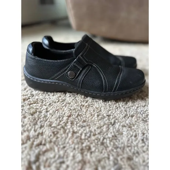 Clarks Collection Leather Slip On Loafers Comfort Casual Shoes Black‎ size 10