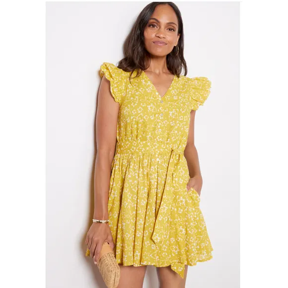CLEOBELLA NWT Zia Organic CottonRuffle Tie Waist Mini Dress in Mustard// M
