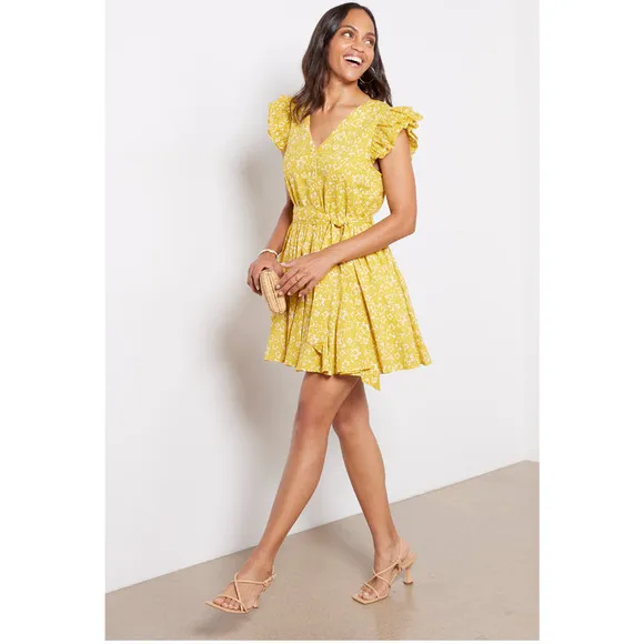 CLEOBELLA NWT Zia Organic CottonRuffle Tie Waist Mini Dress in Mustard// M