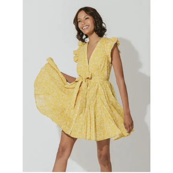 CLEOBELLA NWT Zia Organic CottonRuffle Tie Waist Mini Dress in Mustard// M