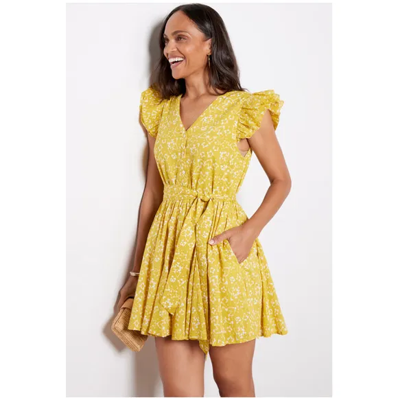 CLEOBELLA NWT Zia Organic CottonRuffle Tie Waist Mini Dress in Mustard// M