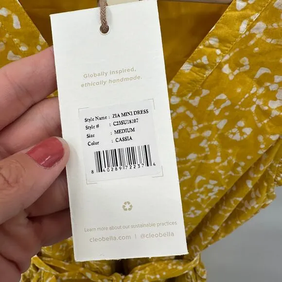 CLEOBELLA NWT Zia Organic CottonRuffle Tie Waist Mini Dress in Mustard// M