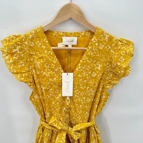 CLEOBELLA NWT Zia Organic CottonRuffle Tie Waist Mini Dress in Mustard// M
