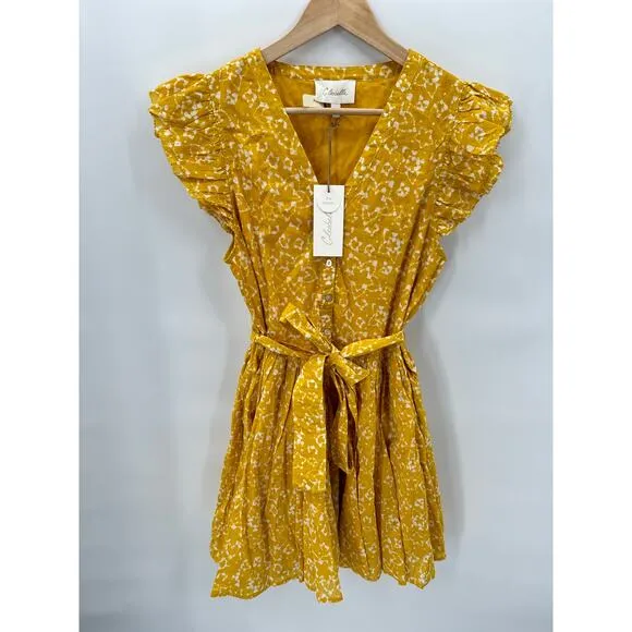 CLEOBELLA NWT Zia Organic CottonRuffle Tie Waist Mini Dress in Mustard// M