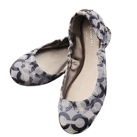 COACH Aly Scrunchy Ballet Flats 6 Signature C Logo Jacquard Gray Silver