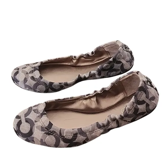 COACH Aly Scrunchy Ballet Flats 6 Signature C Logo Jacquard Gray Silver