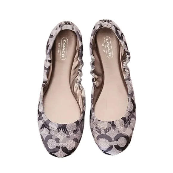 COACH Aly Scrunchy Ballet Flats 6 Signature C Logo Jacquard Gray Silver