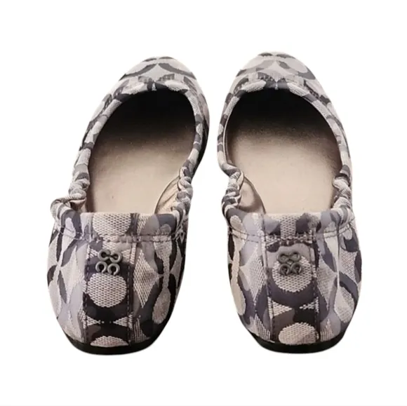 COACH Aly Scrunchy Ballet Flats 6 Signature C Logo Jacquard Gray Silver