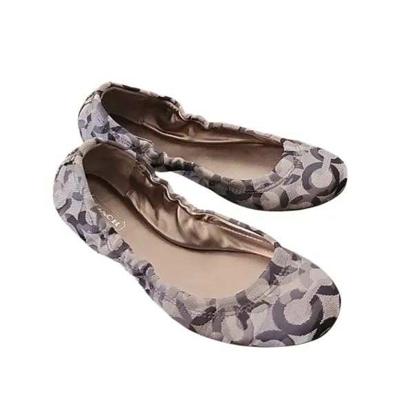 COACH Aly Scrunchy Ballet Flats 6 Signature C Logo Jacquard Gray Silver