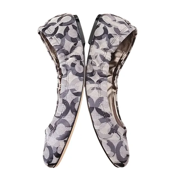 COACH Aly Scrunchy Ballet Flats 6 Signature C Logo Jacquard Gray Silver