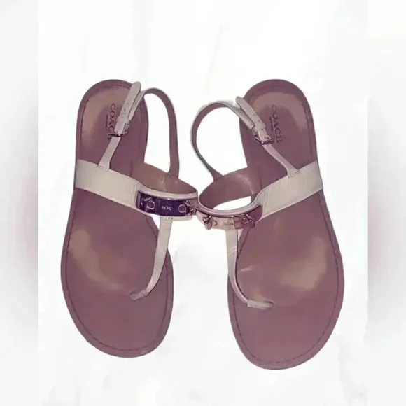 Coach &quot;Cassidy&quot; cream and gold metal buckle thong flat sandals 8