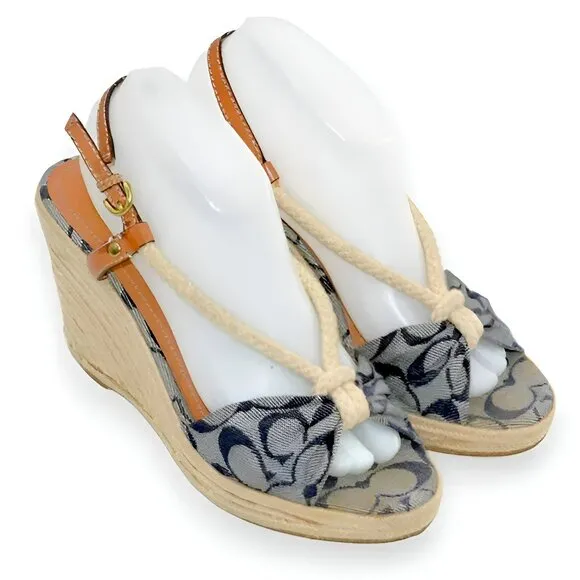 Coach Denim Blue Rope Canvas Logo Tan Leather Wedge Espadrilles Sandals Heels 9