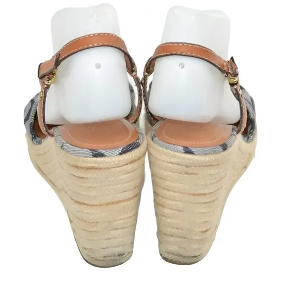 Coach Denim Blue Rope Canvas Logo Tan Leather Wedge Espadrilles Sandals Heels 9