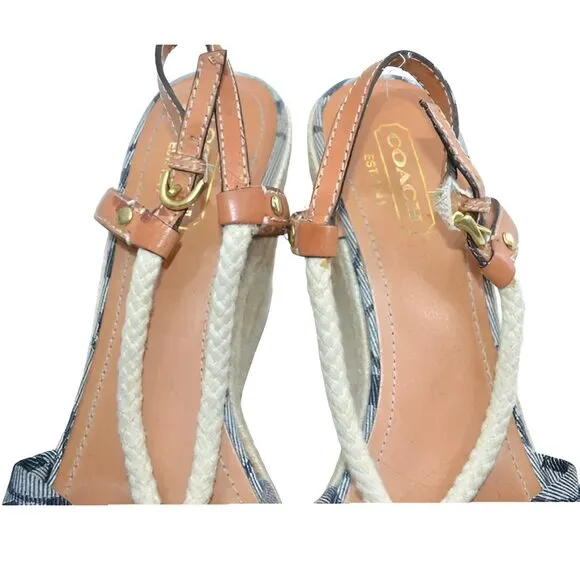Coach Denim Blue Rope Canvas Logo Tan Leather Wedge Espadrilles Sandals Heels 9
