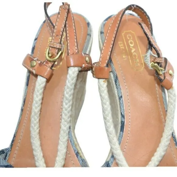 Coach Denim Blue Rope Canvas Logo Tan Leather Wedge Espadrilles Sandals Heels 9