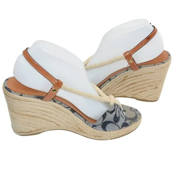 Coach Denim Blue Rope Canvas Logo Tan Leather Wedge Espadrilles Sandals Heels 9