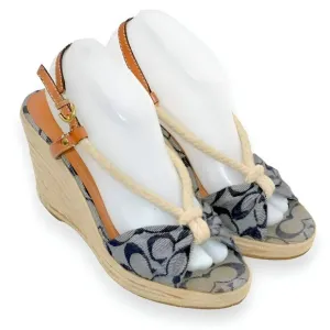 Coach Denim Blue Rope Canvas Logo Tan Leather Wedge Espadrilles Sandals Heels 9
