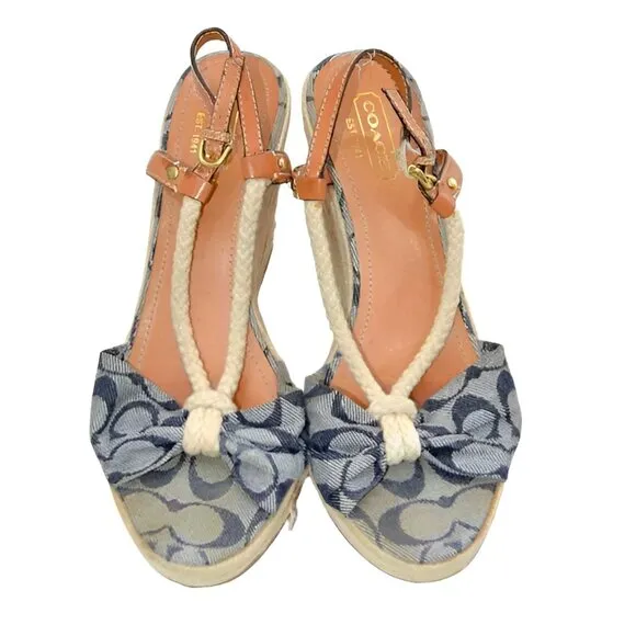 Coach Denim Blue Rope Canvas Logo Tan Leather Wedge Espadrilles Sandals Heels 9