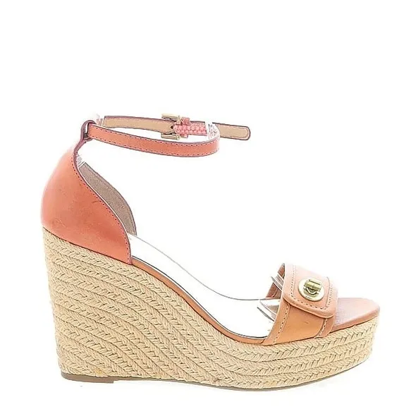 COACH Glinda Platform Leather Coral &amp; Tan Turn-Lock Espadrilles