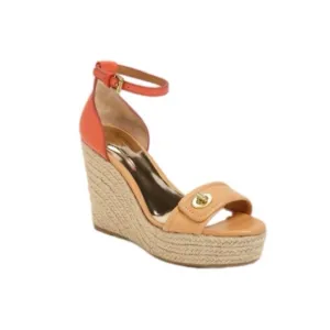 COACH Glinda Platform Leather Coral &amp; Tan Turn-Lock Espadrilles