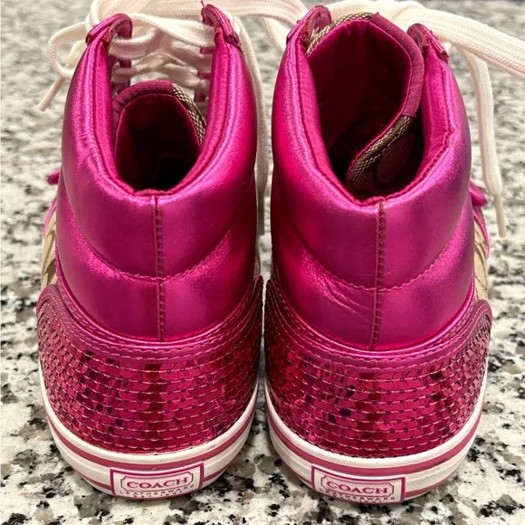 Coach High Top Sneakers Women's size 8 Pink Sequin Monogram Coach New