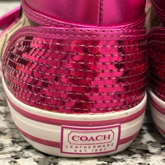 Coach High Top Sneakers Women's size 8 Pink Sequin Monogram Coach New