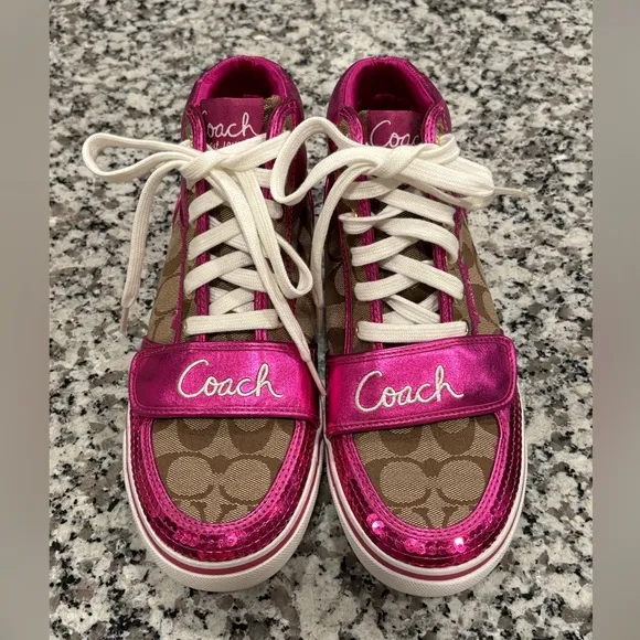 Coach High Top Sneakers Women's size 8 Pink Sequin Monogram Coach New