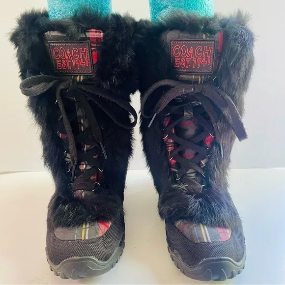 Coach Jennie Black Fur Trimmed Plaid Quilted Snow Boots Size 7