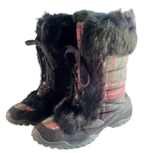 Coach Jennie Black Fur Trimmed Plaid Quilted Snow Boots Size 7