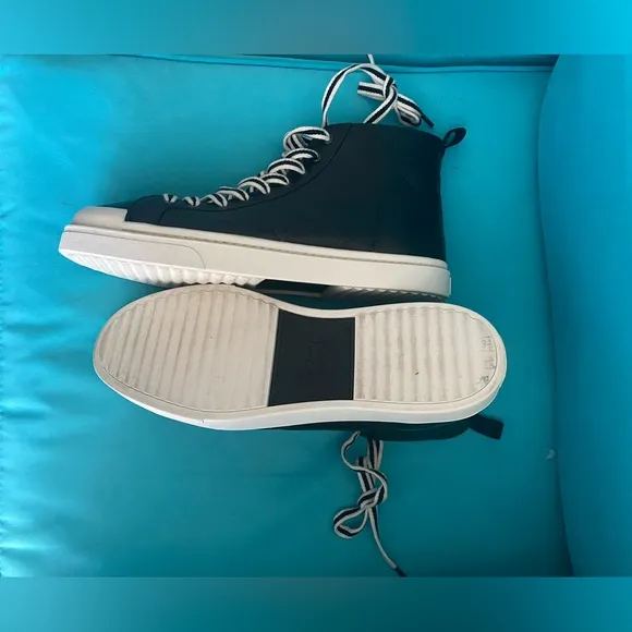 COACH- MENS 💯 LEATHER Black High-Top Sneakers with White and Laces size 11 D