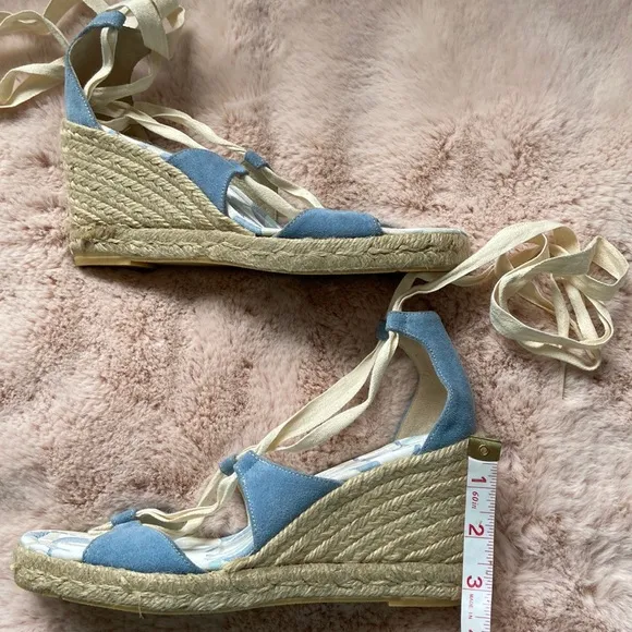 Coach Rosie Wedge Espadrilles Lace Up Wrap Sandals Blue Cream 9 NWOT