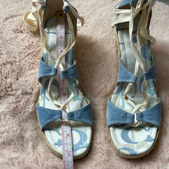 Coach Rosie Wedge Espadrilles Lace Up Wrap Sandals Blue Cream 9 NWOT
