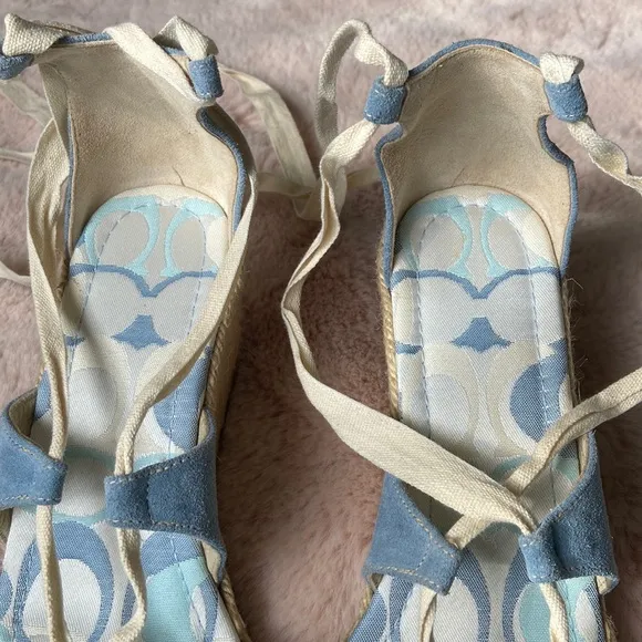 Coach Rosie Wedge Espadrilles Lace Up Wrap Sandals Blue Cream 9 NWOT