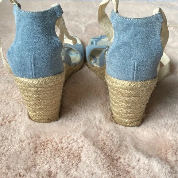 Coach Rosie Wedge Espadrilles Lace Up Wrap Sandals Blue Cream 9 NWOT