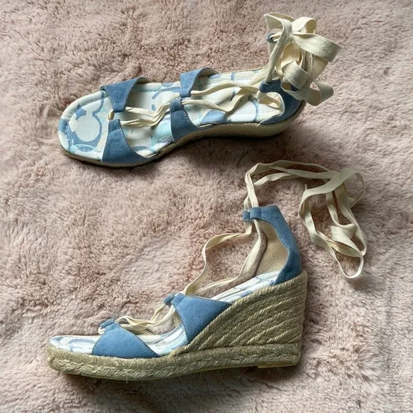 Coach Rosie Wedge Espadrilles Lace Up Wrap Sandals Blue Cream 9 NWOT