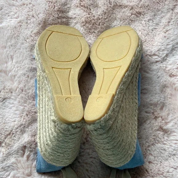 Coach Rosie Wedge Espadrilles Lace Up Wrap Sandals Blue Cream 9 NWOT