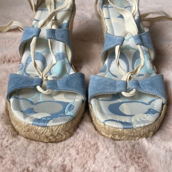 Coach Rosie Wedge Espadrilles Lace Up Wrap Sandals Blue Cream 9 NWOT