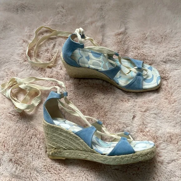 Coach Rosie Wedge Espadrilles Lace Up Wrap Sandals Blue Cream 9 NWOT