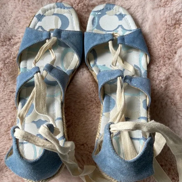 Coach Rosie Wedge Espadrilles Lace Up Wrap Sandals Blue Cream 9 NWOT